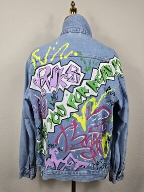 Topshop Moto Graffiti Denim Jacket Oversized Distressed Streetwear Y2k Grunge